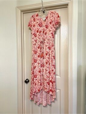 Hi Lo Maxi Short Sleeved Dress in Coral, Cinnamon and Pink